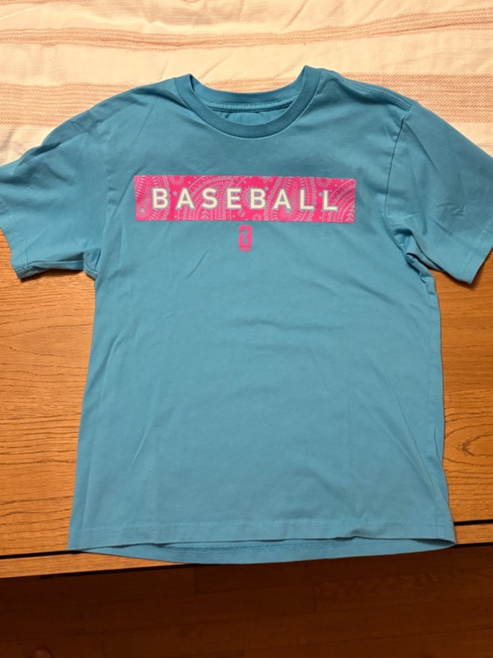 Kids Short Sleeve Blue Baseball Graphic Tee with Pink Accent